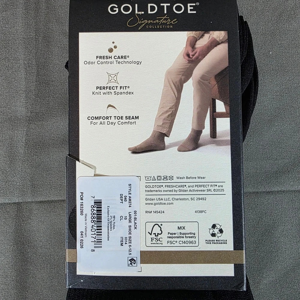 Goldtoe Signature Collection Mens Black Crew Socks 3 Pair Pack AM274 Size 6-12.5